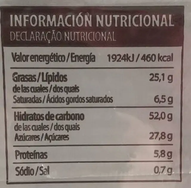 Magdalenas cubiertas chocolate ingredients label