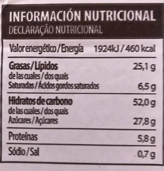Magdalenas cubiertas chocolate nutrition facts table