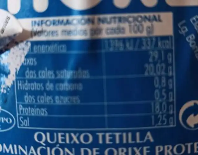Quedo Tetilla nutrition facts table