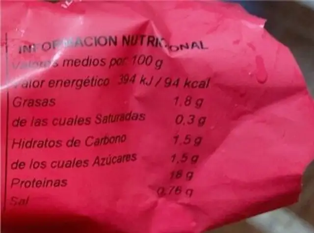 Marisco Cocido Salvaje nutrition facts table