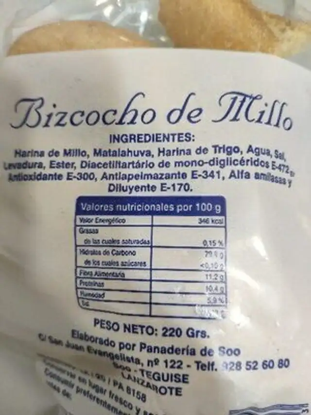 Bizcocho de Millo ingredients label