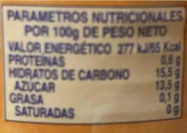 Melocotón almíbar mitades nutrition facts table