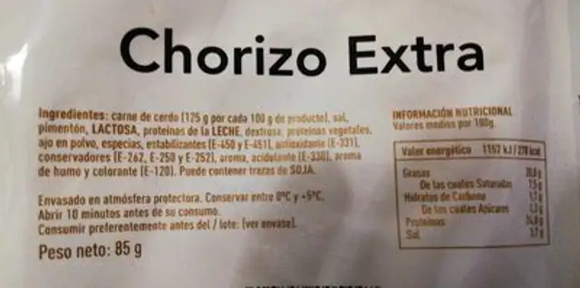 Chorizo Extra nutrition facts table