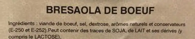 Bresaola de boeuf ingredients label