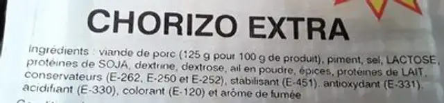 Chorizo extra ingredients label
