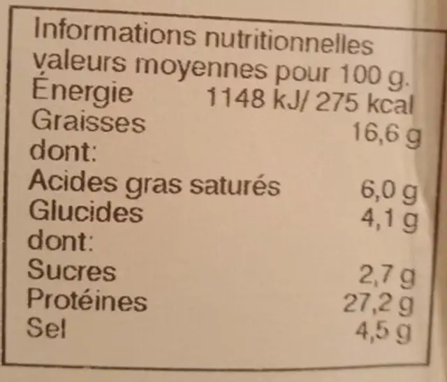 SALCHICHON DE DINDE HALAL nutrition facts table