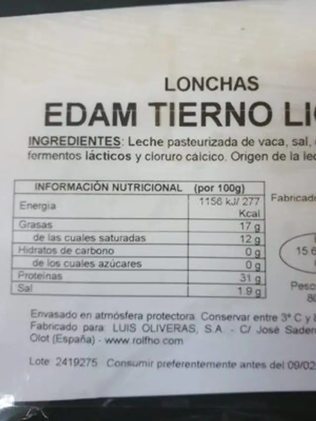 Edam tierno light nutrition facts table
