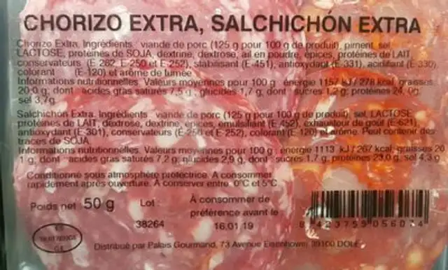 chorizo saucisson espagnol ingredients label