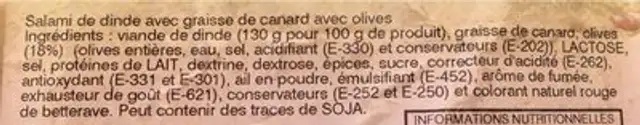 Salami de dinde halal aux olives ingredients label