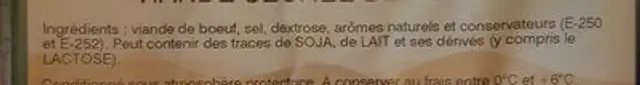 Viande séchée de boeuf ingredients label