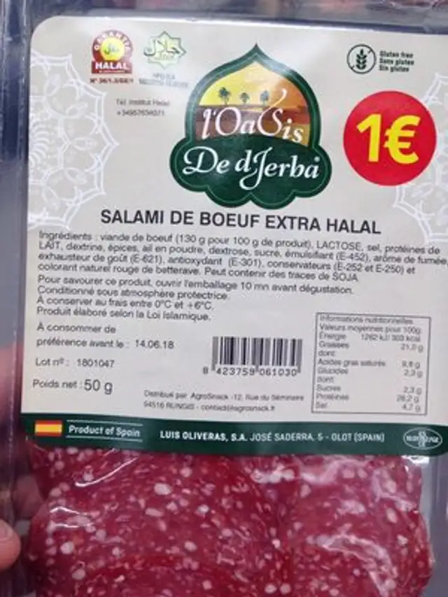 Salami de boeuf extra halal ingredients label