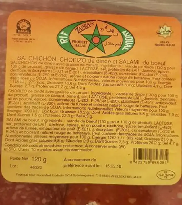 chorizo de dinde et salami de boeuf ingredients label