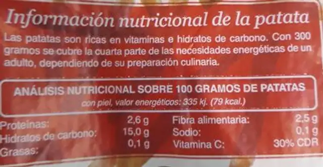 Patatas Potato nutrition facts table