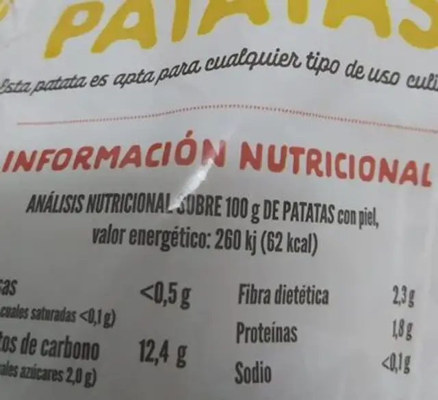 Patatas nutrition facts table