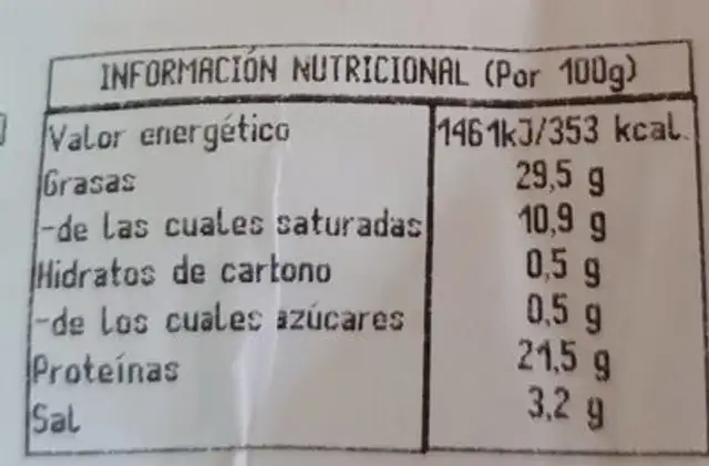 Chorizo Extra Tres Unidades nutrition facts table