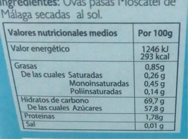 La Parra pasas de Malaga nutrition facts table