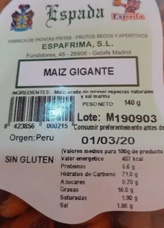 Maíz gigante nutrition facts table