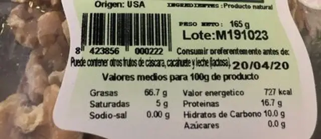 Nuez pelada nutrition facts table