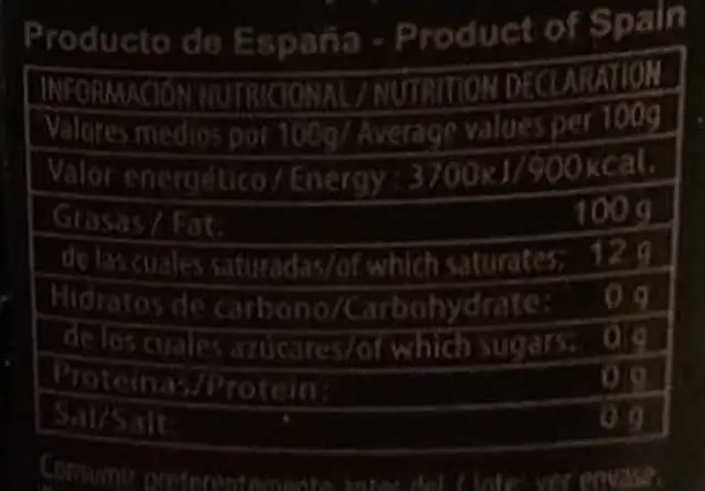 Aceite de oliva virgen extra nutrition facts table