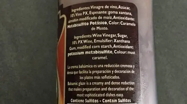 Crema balsámica al pedro ximénez ingredients label