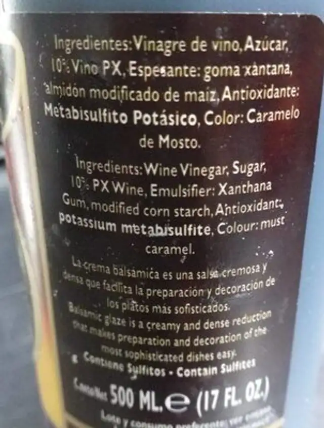 Crema balsámica Pedro Ximenez nutrition facts table