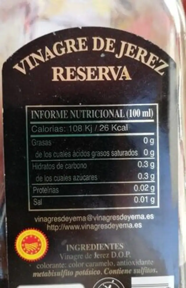 Vinaigre de Jerez nutrition facts table