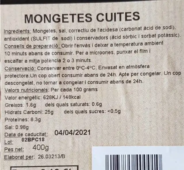 MONGETES CUITES nutrition facts table