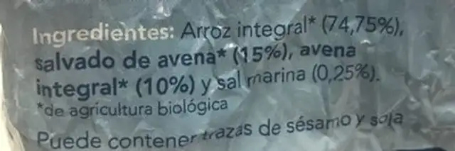 Tortitas Arroz Y Avena Biocop ingredients label