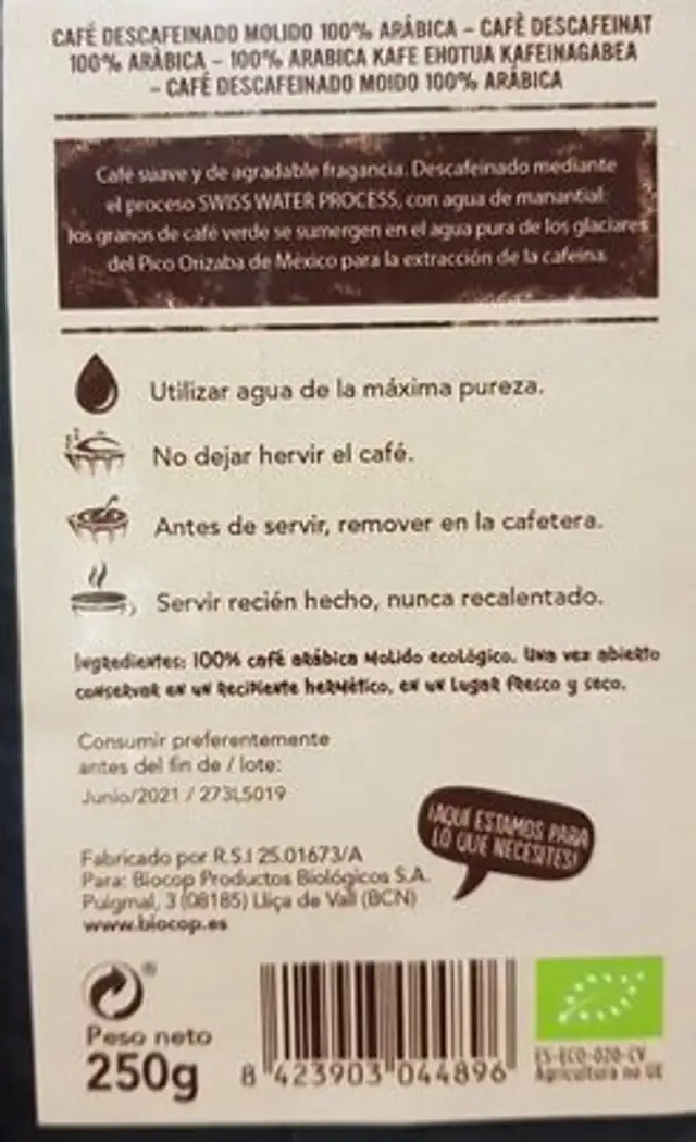 Café molido descafeinado nutrition facts table