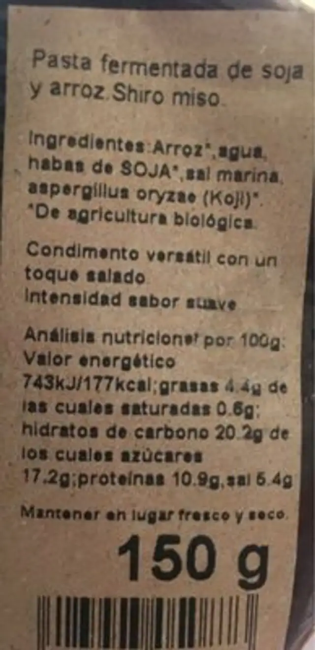 Unknown nutrition facts table