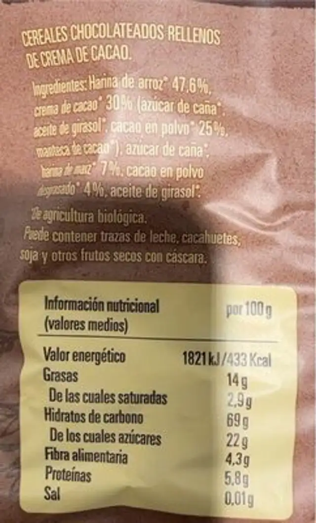 Cerealim bio pillow cacao nutrition facts table