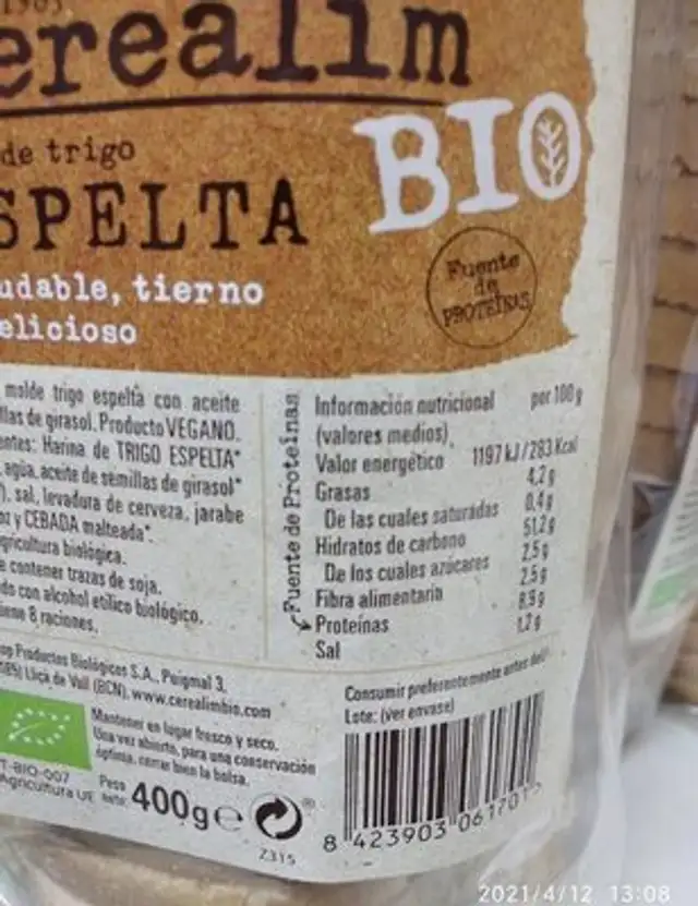 Cerealim pan de espelta bio nutrition facts table