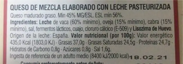 queso semicurado nutrition facts table