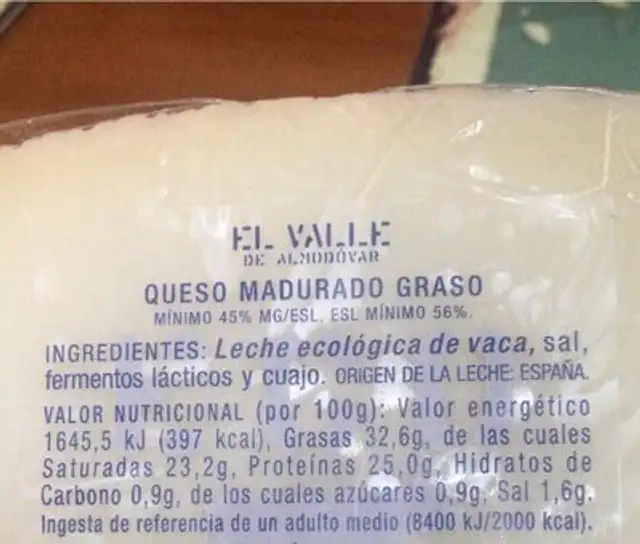 queso ecologico semicurado nutrition facts table