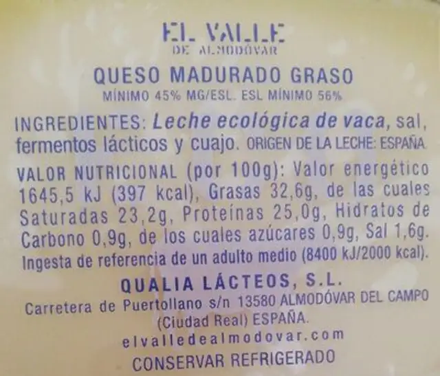 Queso ecológico semicurado nutrition facts table