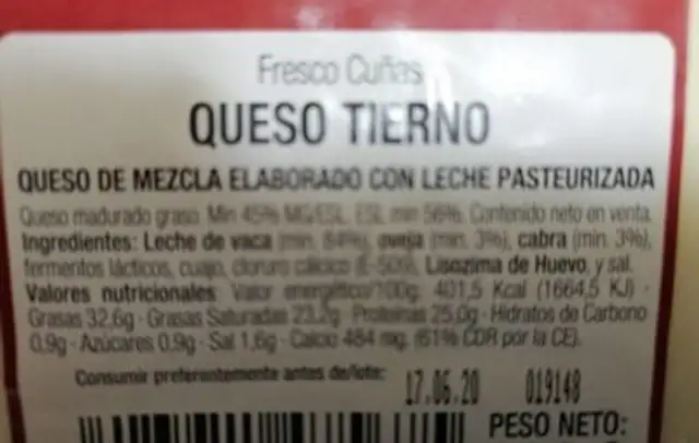 Queso Tierno nutrition facts table