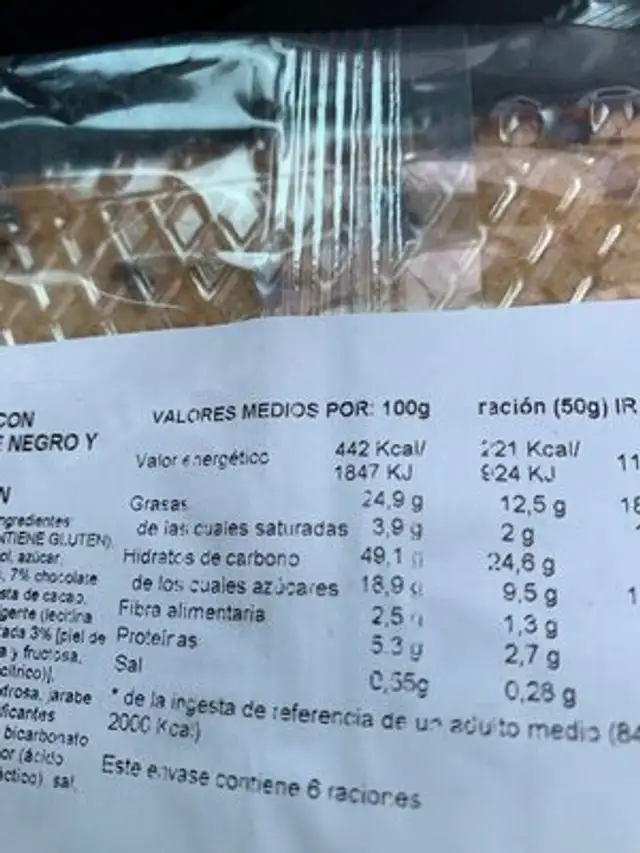 Bizcocho chocolate negro y naranja ingredients label