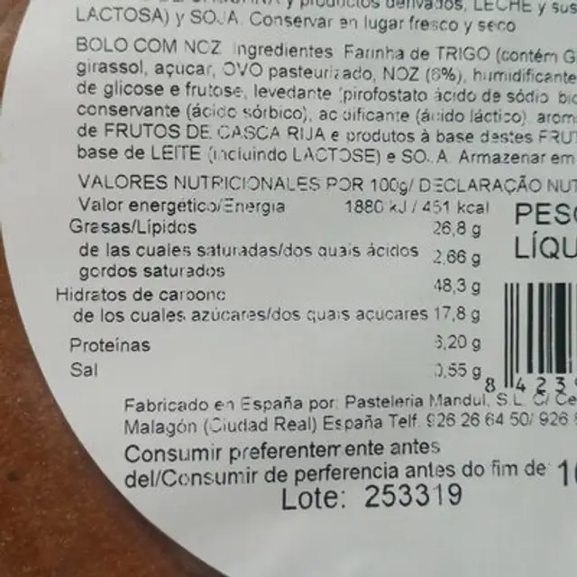Rondo familiar nuez nutrition facts table