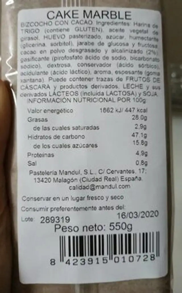 Cake marble nutrition facts table