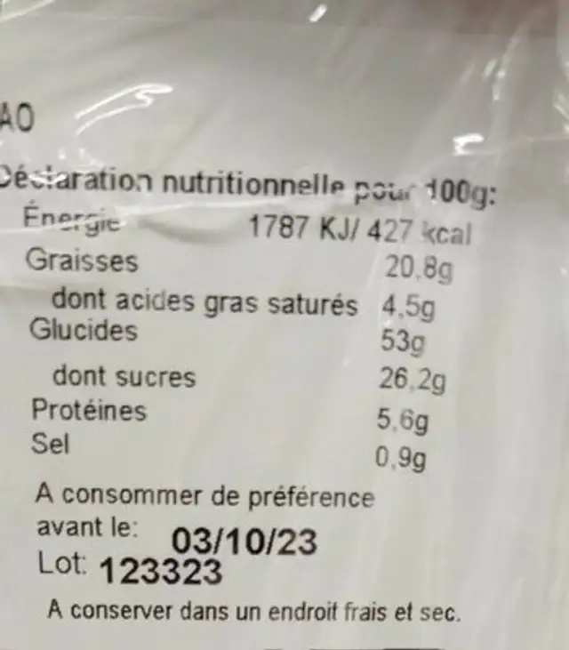 Muffin cacao nutrition facts table