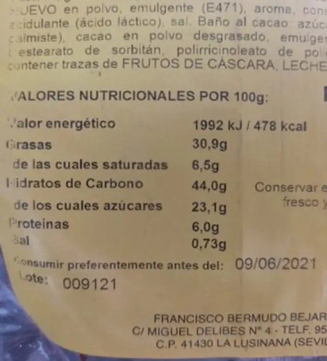 Kouglof Almendra nutrition facts table