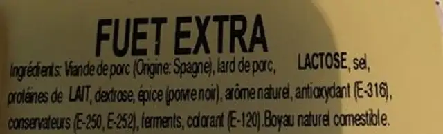 Fuet ingredients label