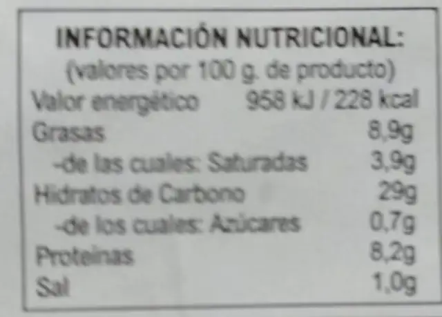 Empanada de pollo y setas nutrition facts table