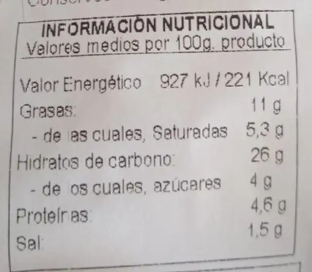 Emapanada de York y queso nutrition facts table