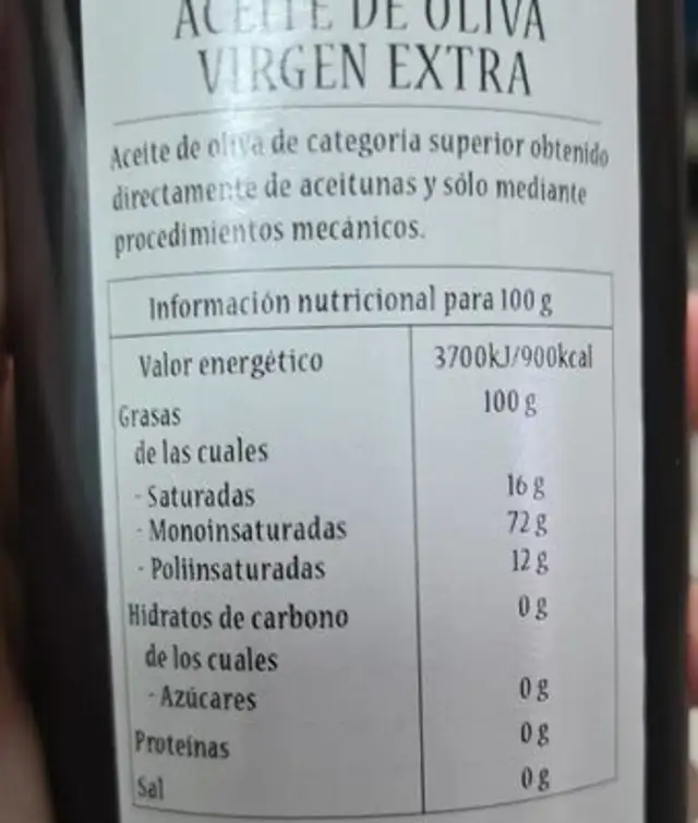S'establit Aceite de oliva virgen extra nutrition facts table