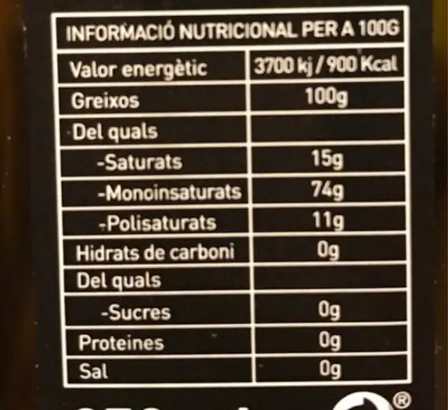 Aceite de oliva nutrition facts table