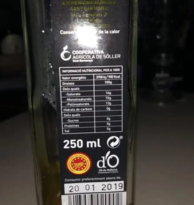 Aceite De Oliva Virgen Extra Soller 250ML (mallorca) ingredients label