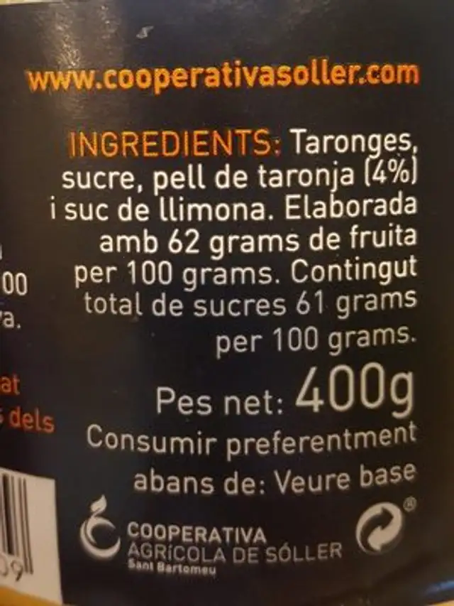 Confitura de taronja ingredients label