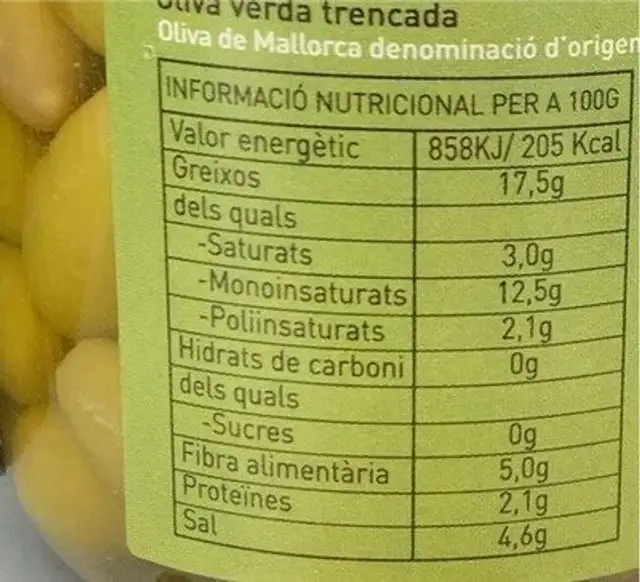 Oliva verda trencada nutrition facts table