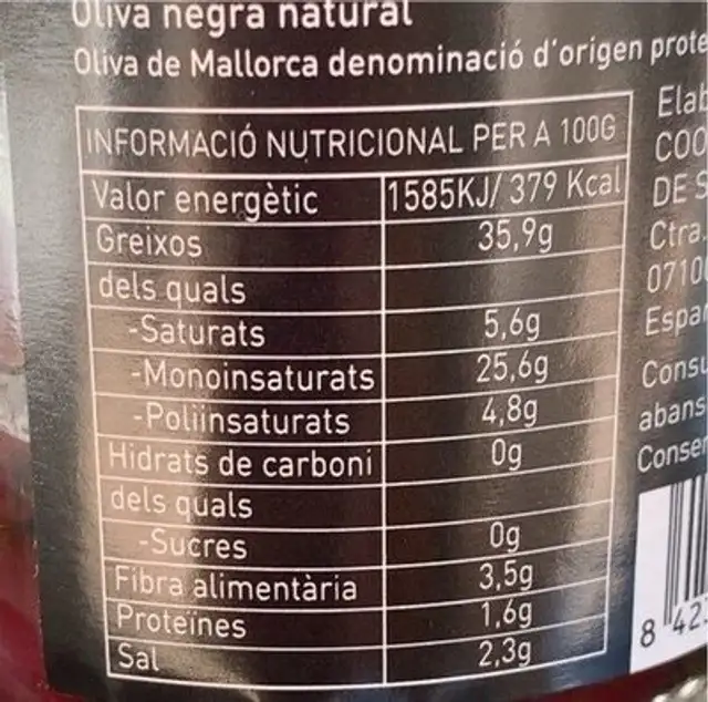 Oliva negra natural nutrition facts table